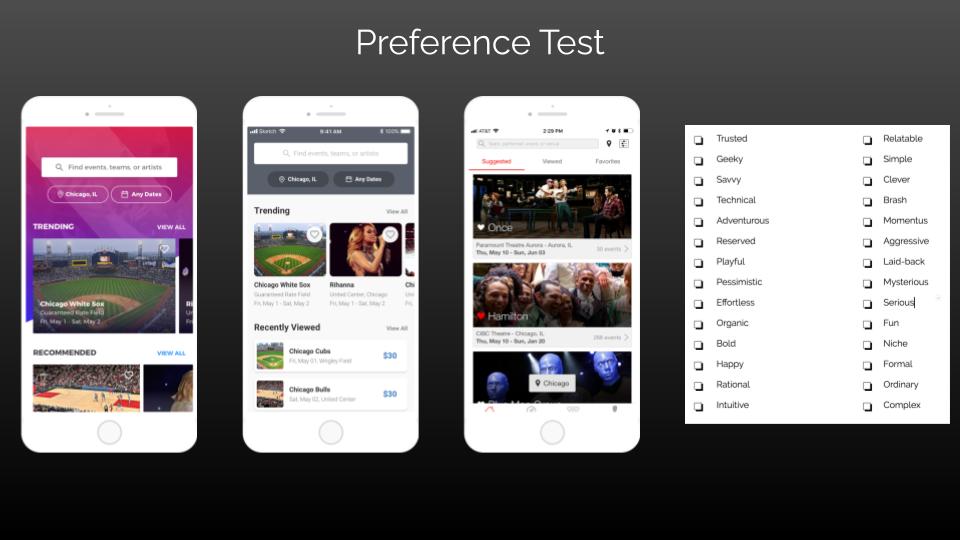 vivid-seats-mobile-ui-design — Design Exploration and Perception Testing (1 of 3)