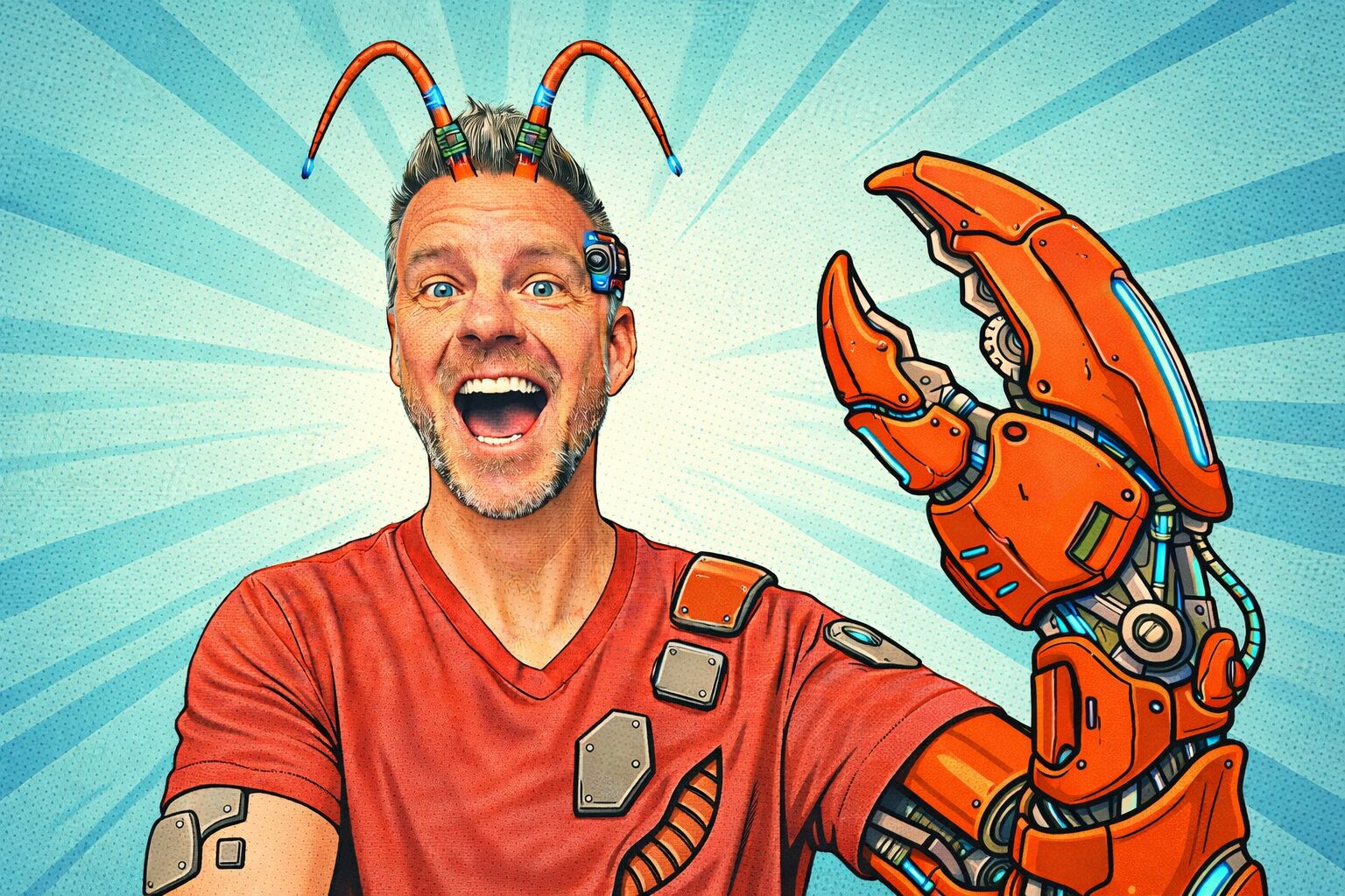 Steve Polacek with a mechanical crab claw in a comic pop-art illustration